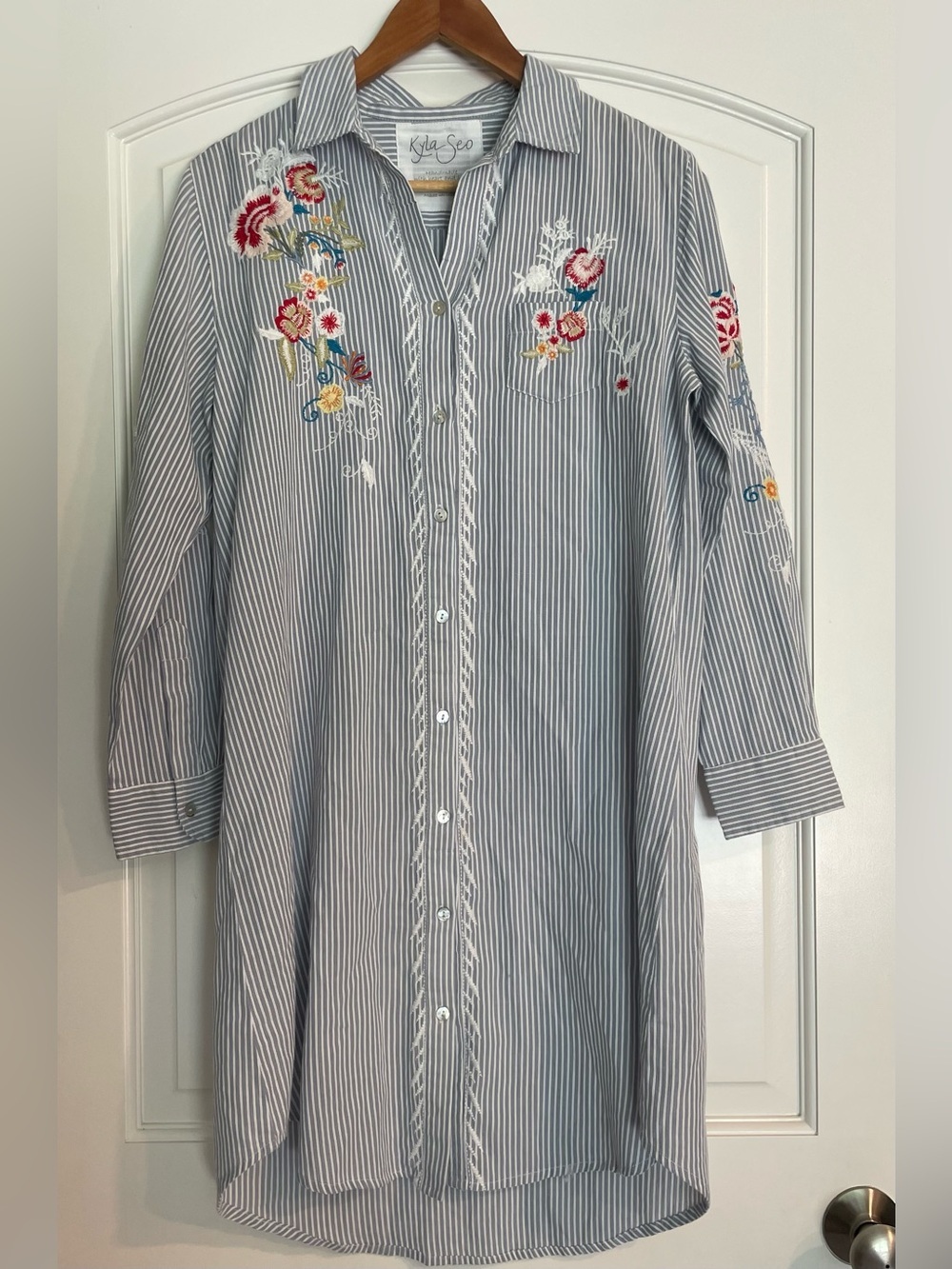 Kyla Seo Embroidered Striped Shirt Dress - Blue & White Size XS